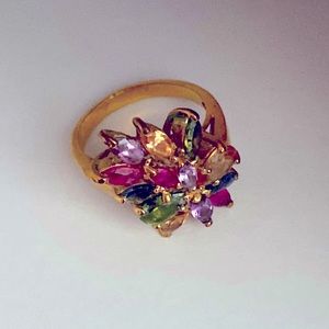 Ring ,multi colored gemstone floral cluster set in  gold  over Sterling Silver